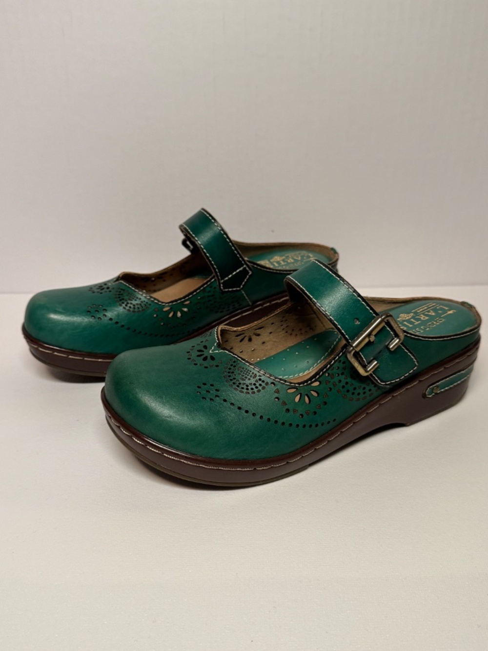 L’Artiste Aneira Green Leather Mary Jane Clogs EU 37 Boho Comfort Clogs - Picture 4 of 13